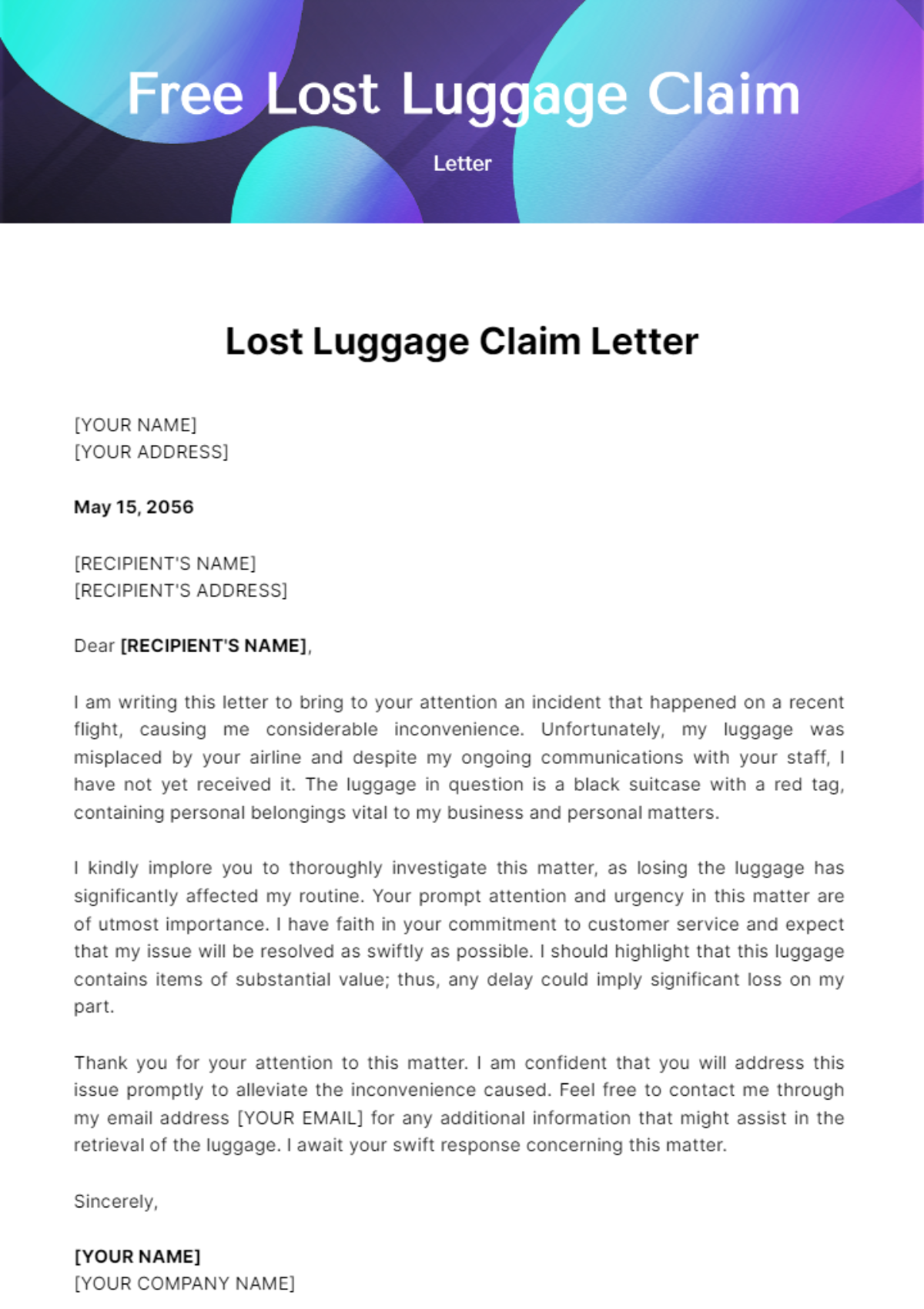 Lost Luggage Claim Letter Template