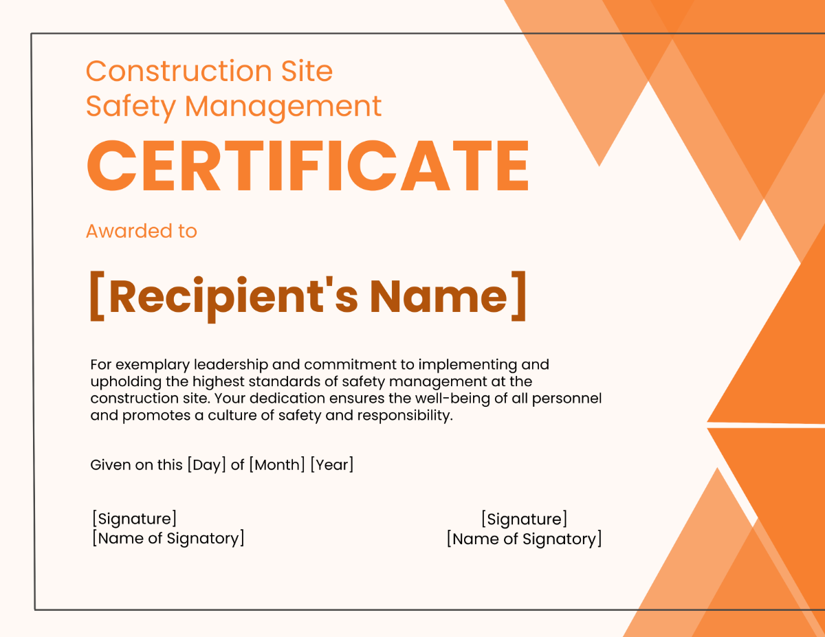 Construction Site Safety Management Certificate Template