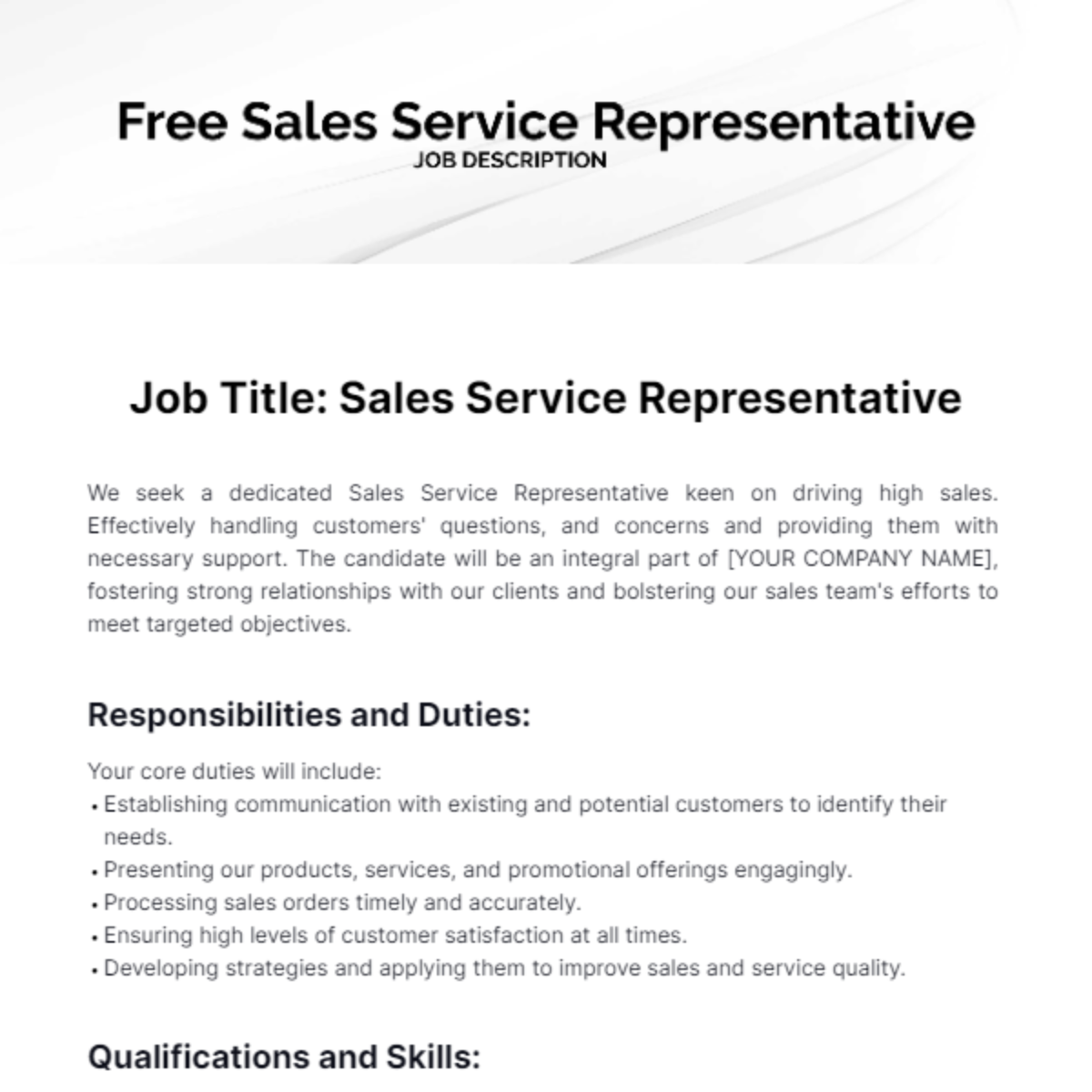 Sales Service Representative Job Description Template