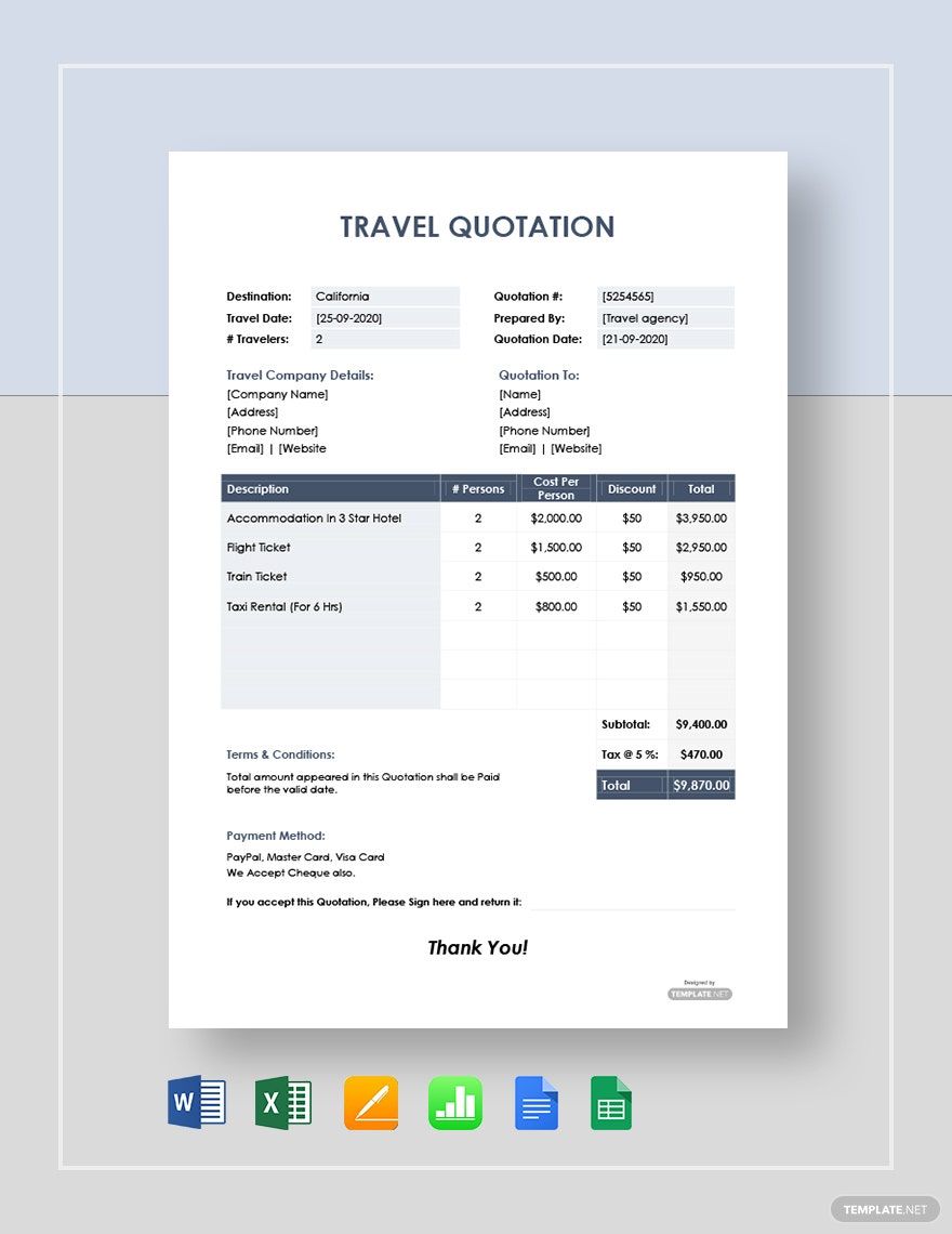 Editable Travel Agency Quotation Template Google Docs Google Sheets