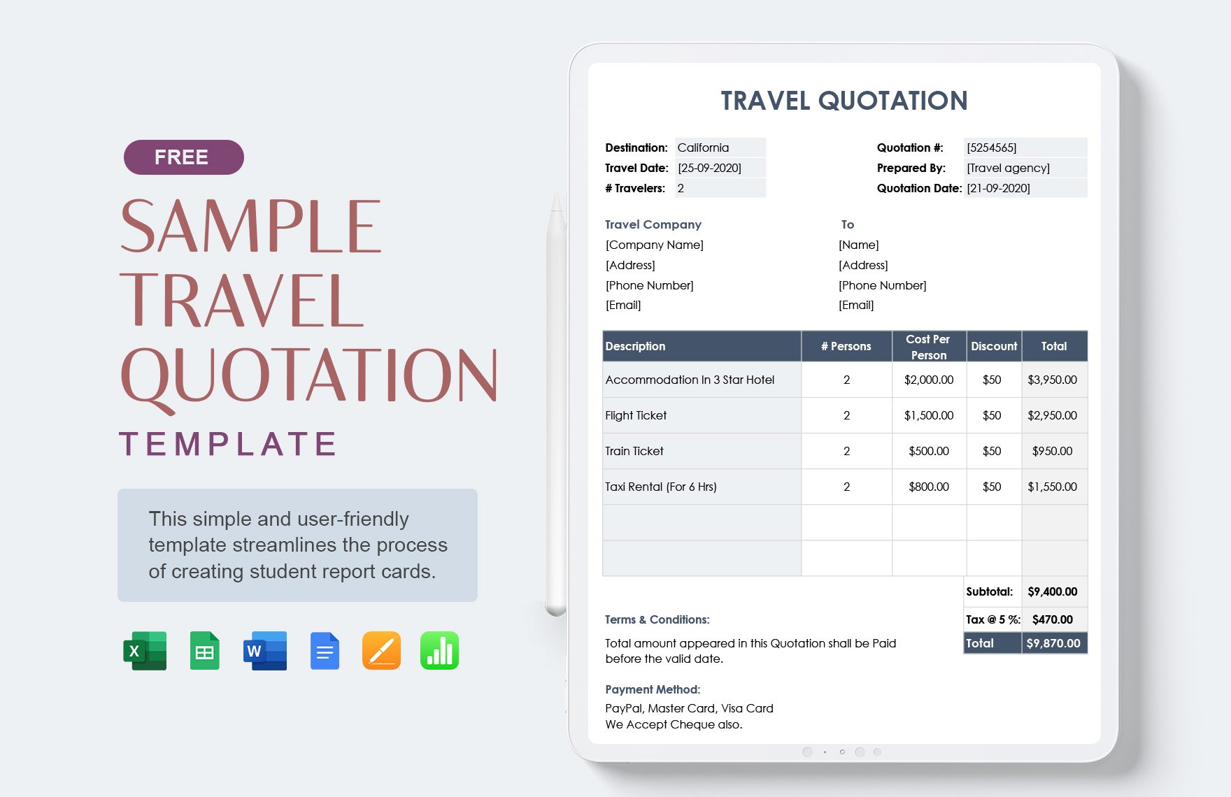 Sample Travel Quotation Template