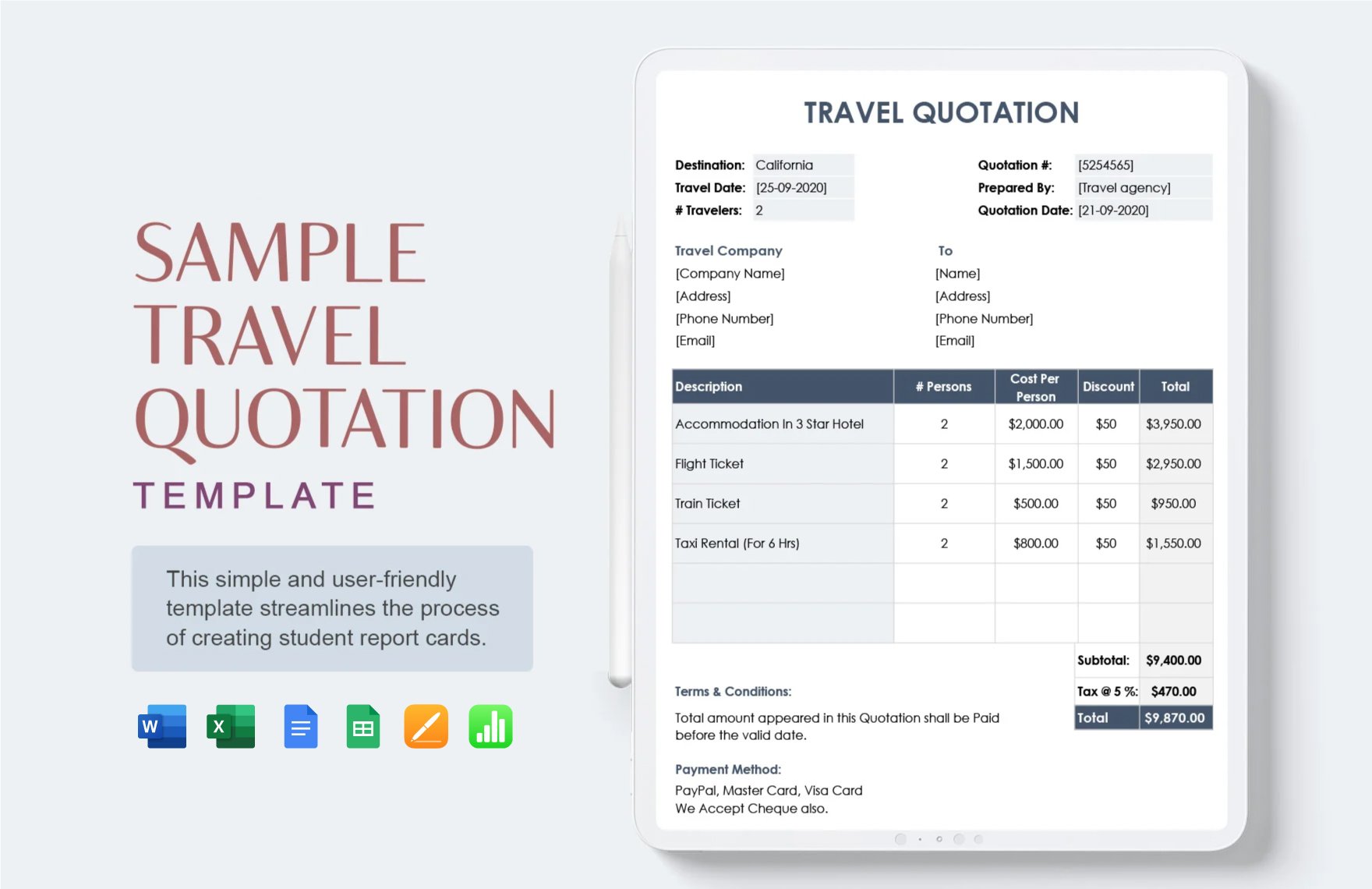 Free Sample Travel Quotation Template in Word, Google Docs, Excel, Google Sheets, Apple Pages, Apple Numbers