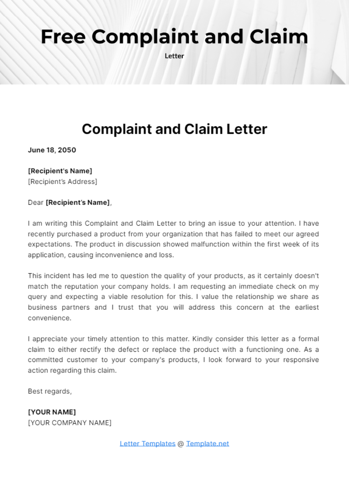 Complaint and Claim Letter Template