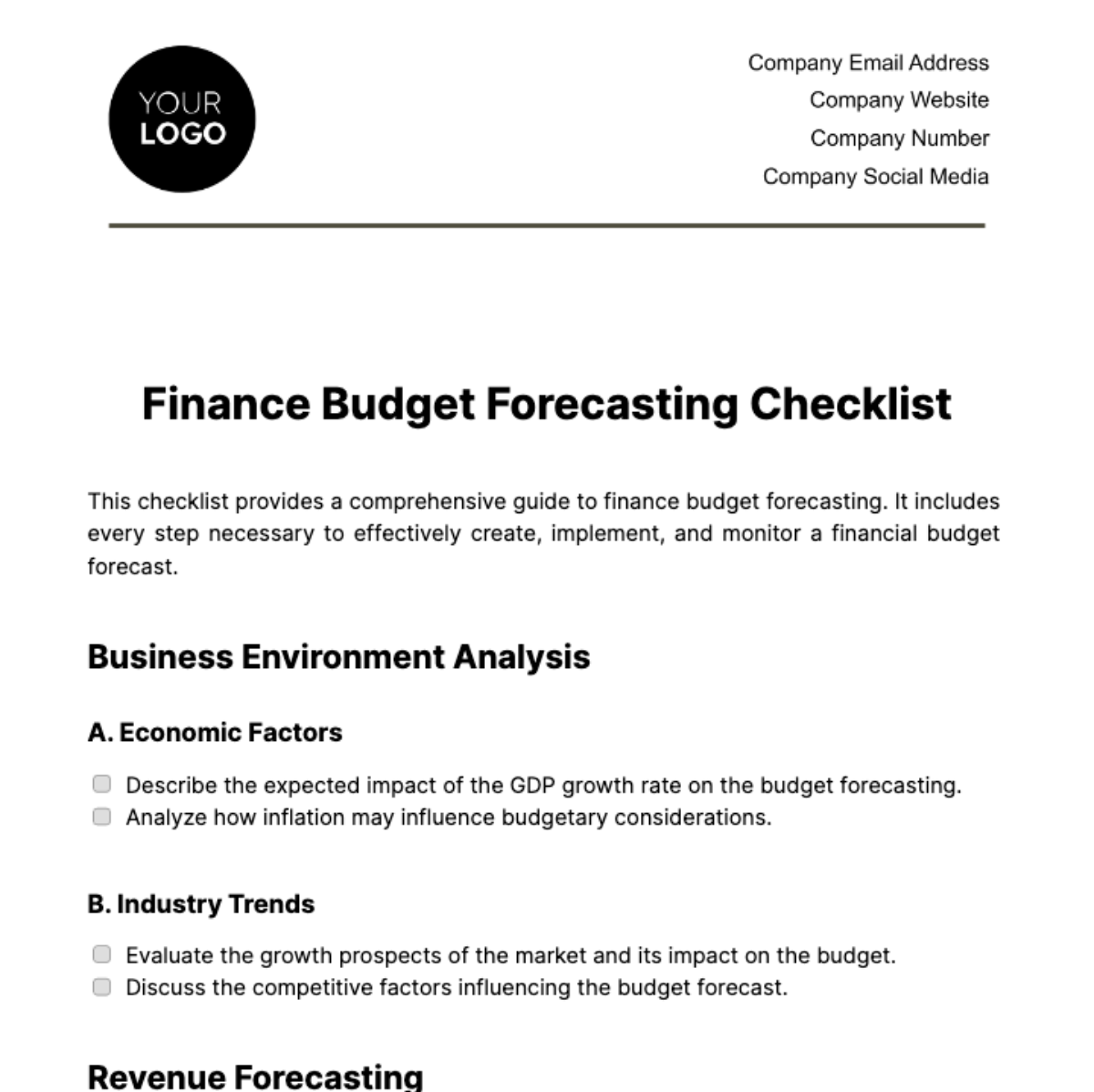 Finance Budget Forecasting Checklist Template