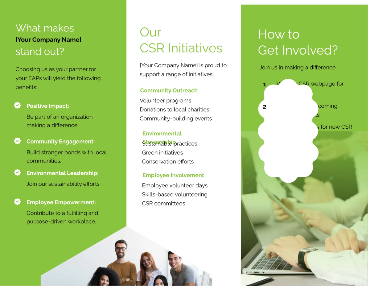 Free Corporate Social Responsibility Activities Brochure HR Template to Edit Online