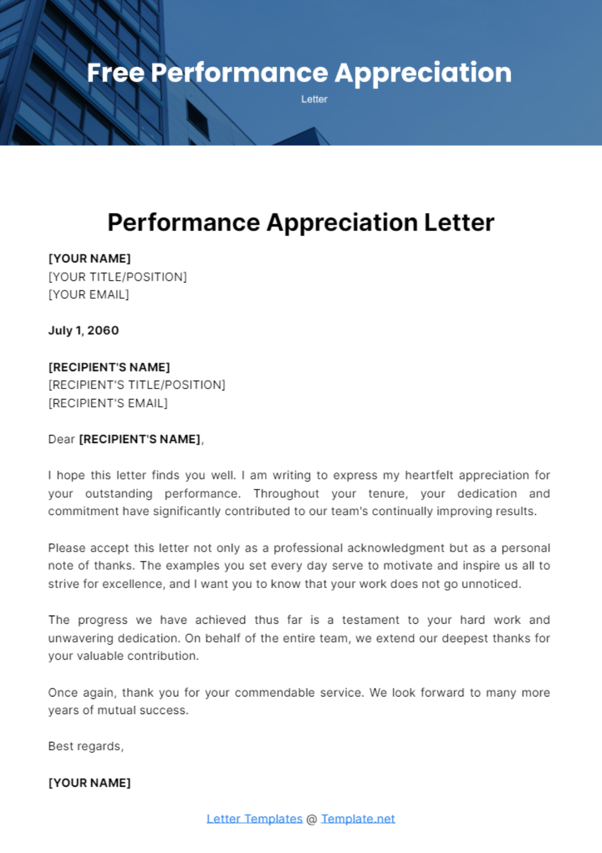 Performance Appreciation Letter Template