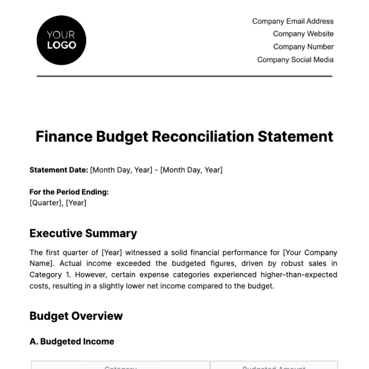 Finance Budget Reconciliation Statement Template