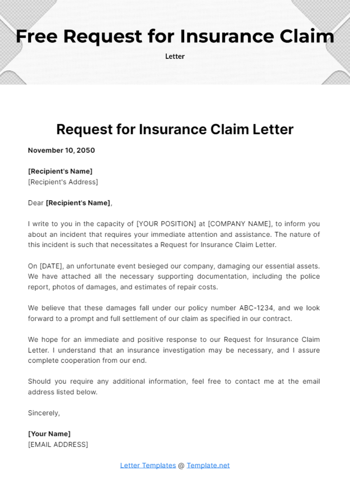 Free Request for Insurance Claim Letter Template