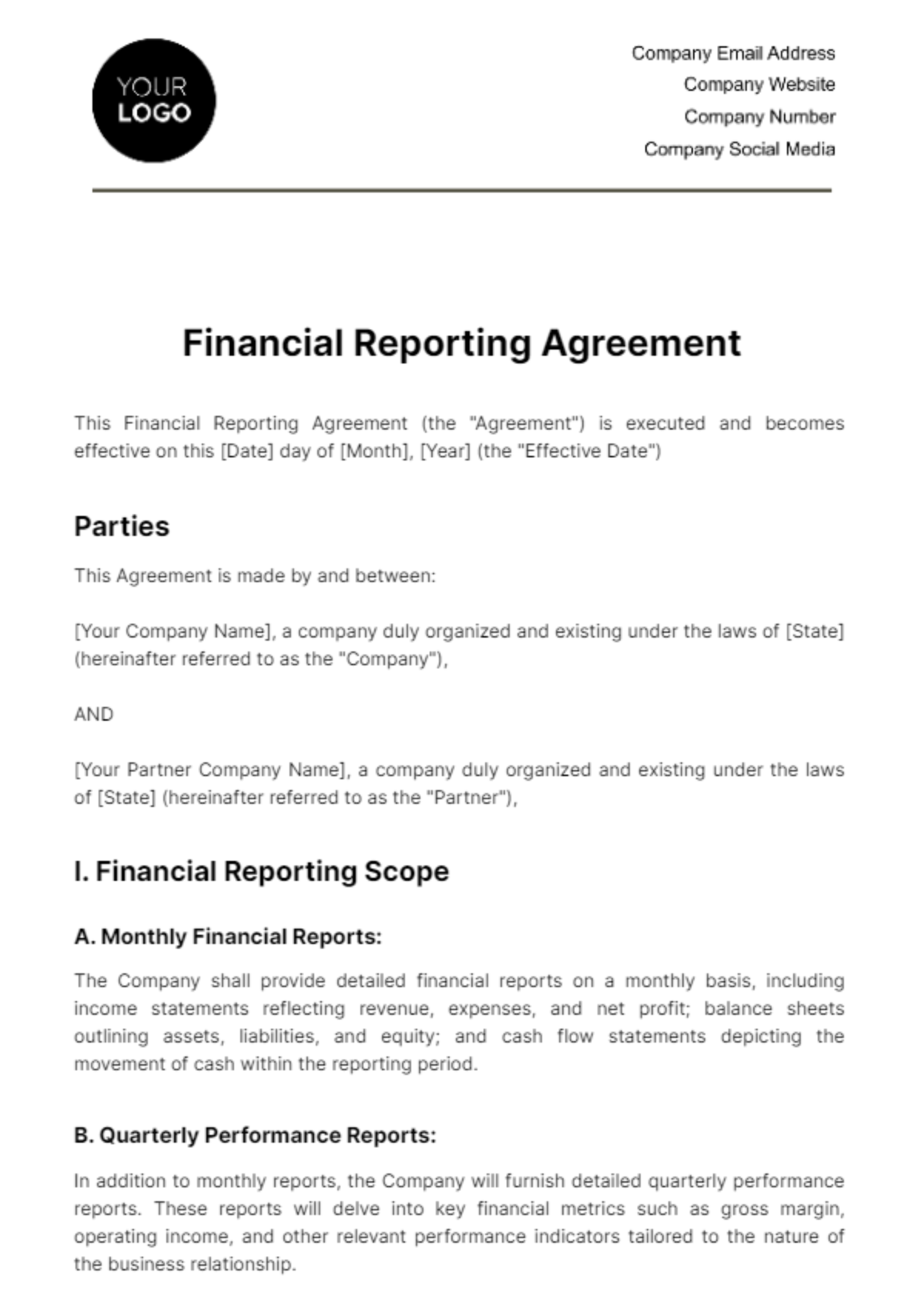 Financial Reporting Agreement Template