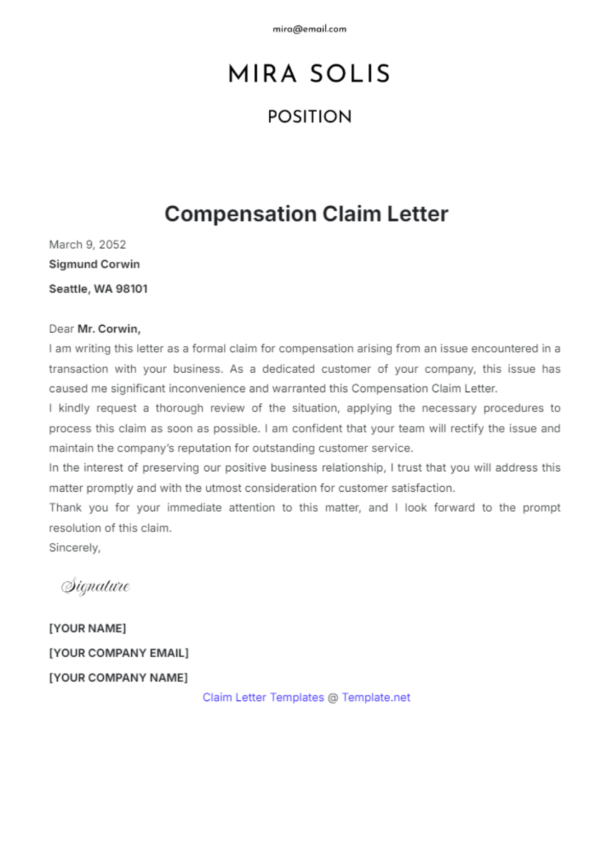 Compensation Claim Letter Template