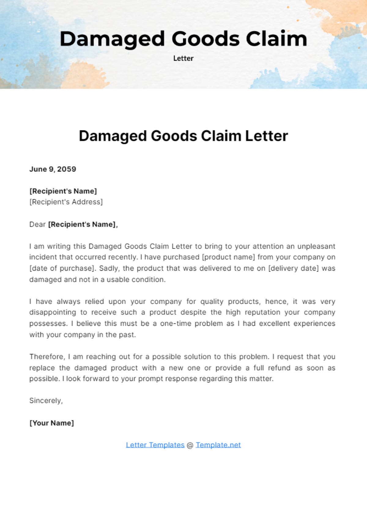 Damaged Goods Claim Letter Template