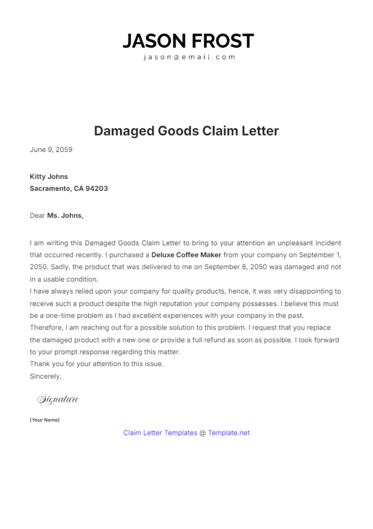 Free Damaged Goods Claim Letter Template