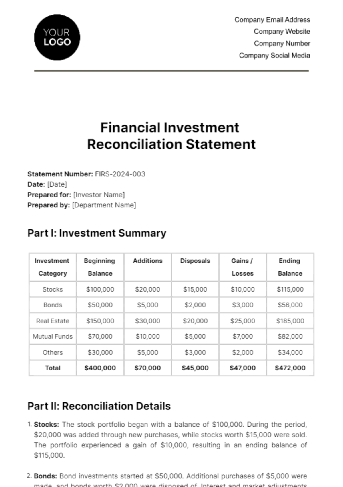 Financial Investment Reconciliation Statement Template