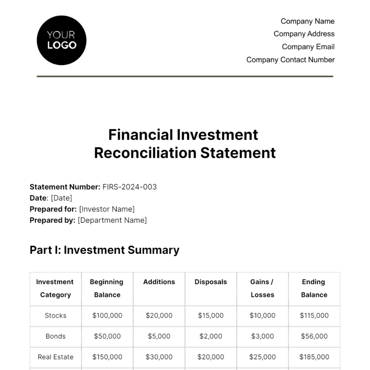 Financial Investment Reconciliation Statement Template - Edit Online & Download