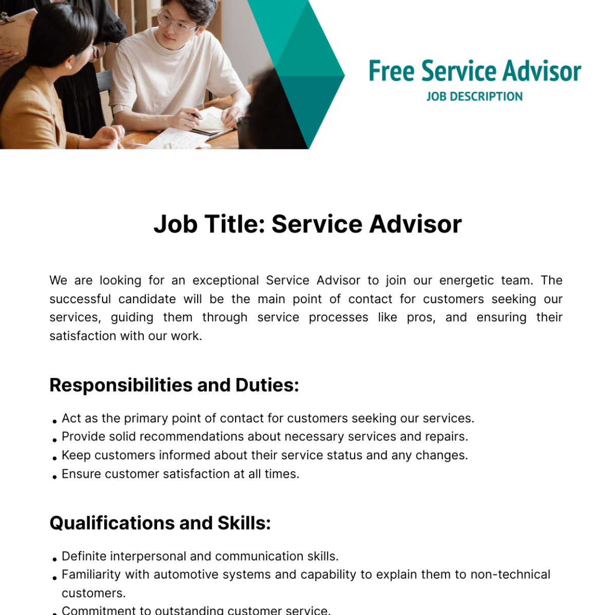 Service Advisor Job Description Template