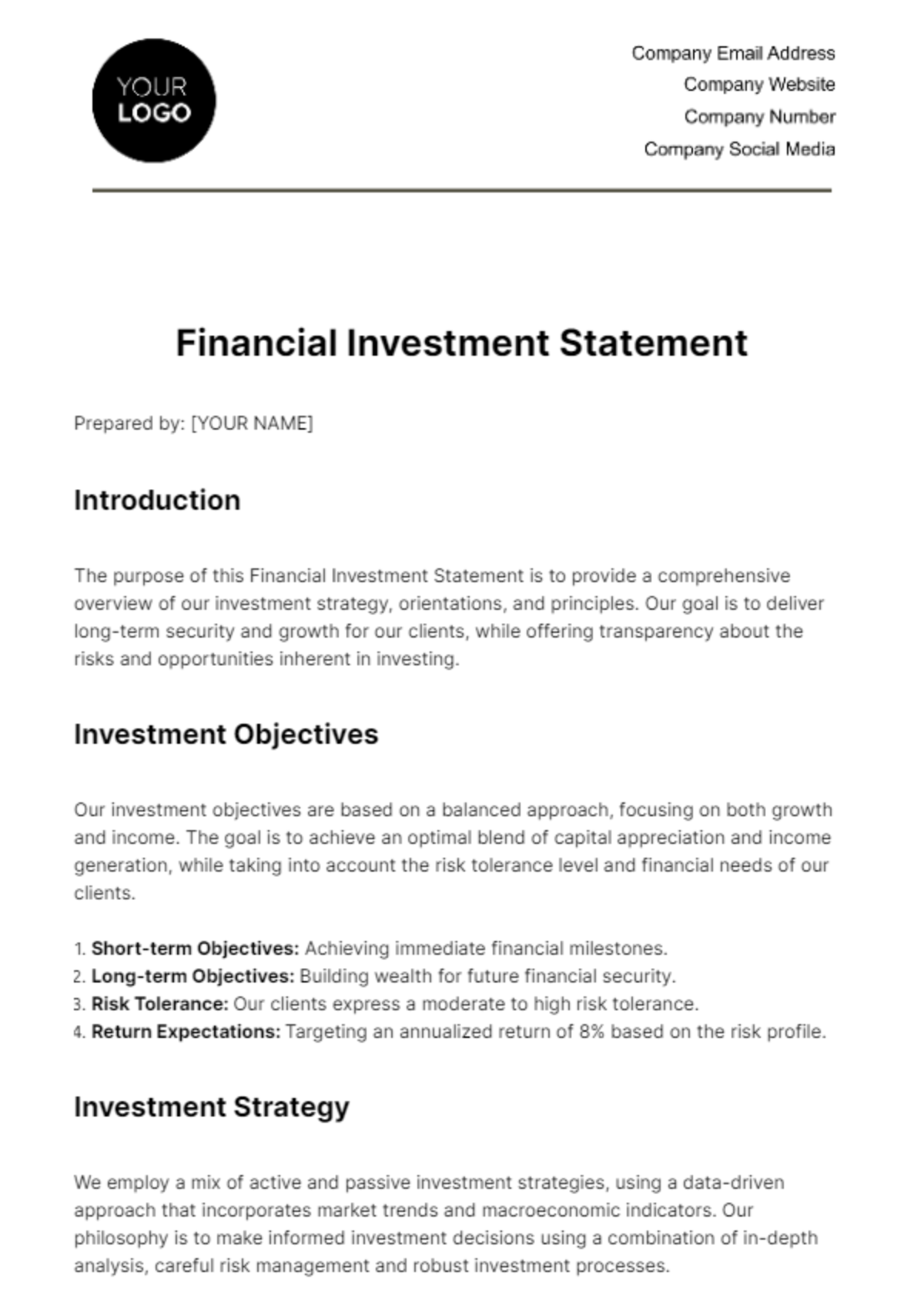Financial Investment Statement Template