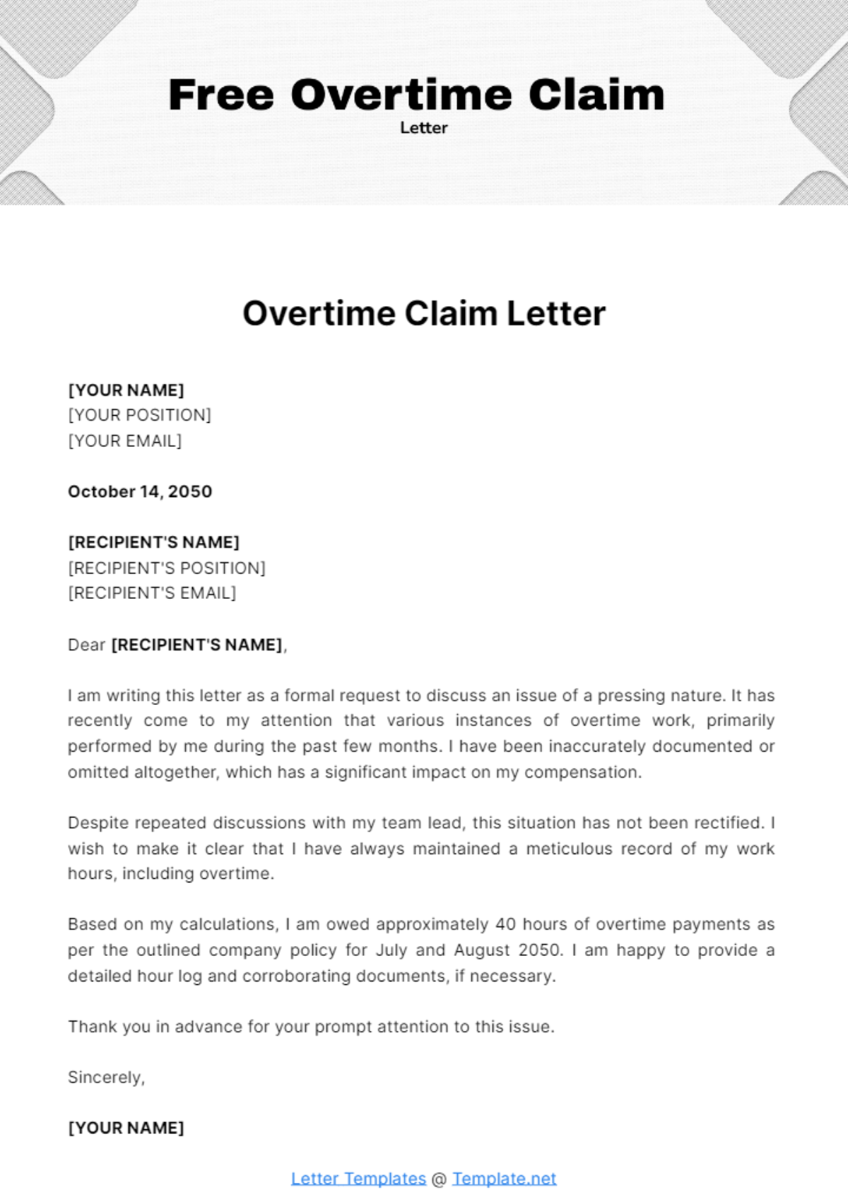 Overtime Claim Letter Template