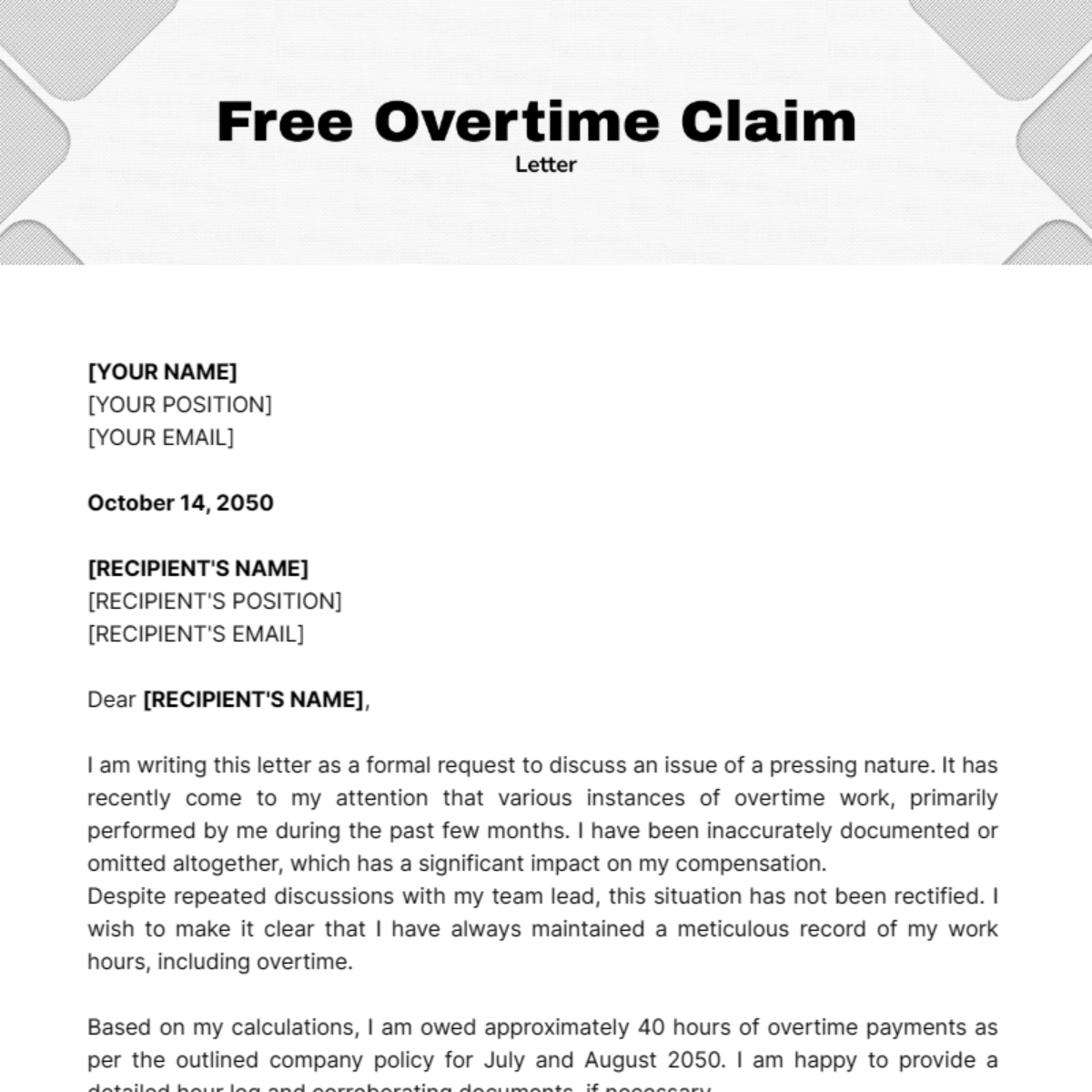 Overtime Claim Letter Template - Edit Online & Download