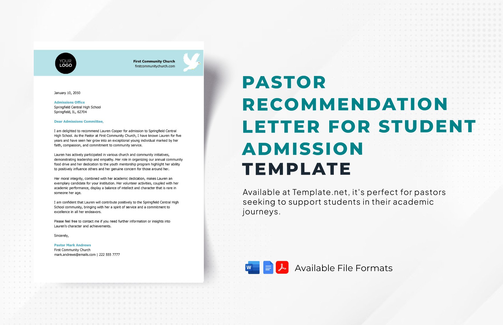 Pastor Recommendation Letter for Student Admission Template