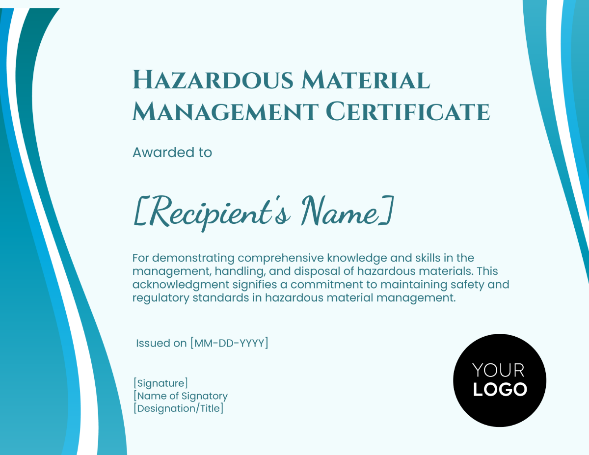 Free Hazardous Material Management Certificate Template
