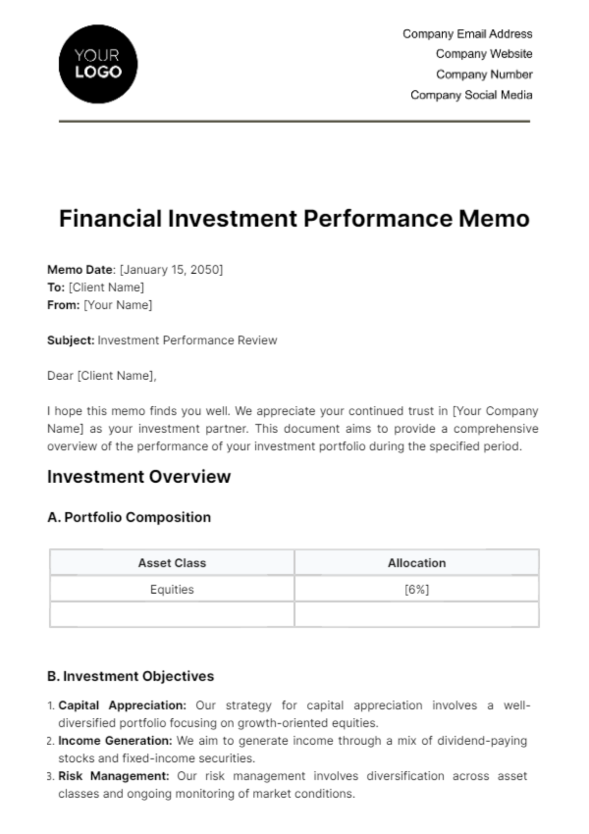 Financial Investment Performance Memo Template