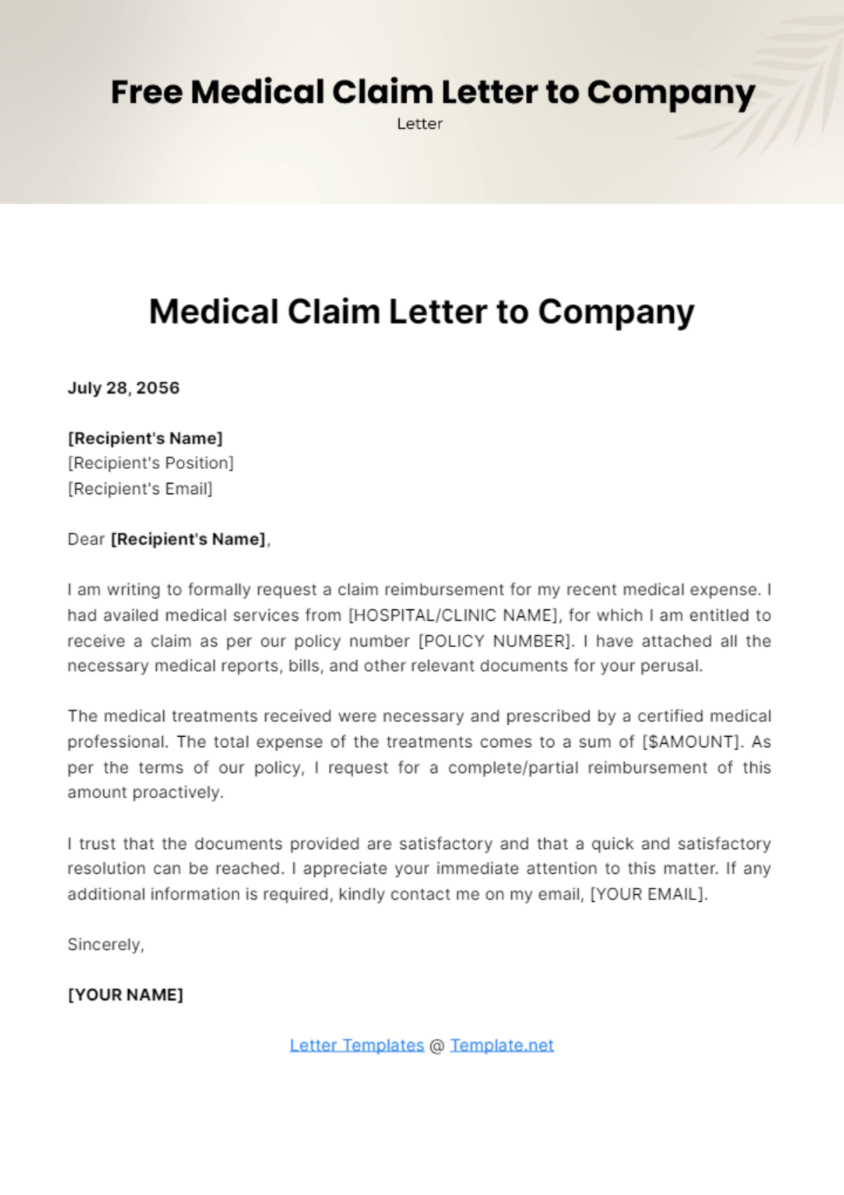 Medical Claim Letter to Company Template