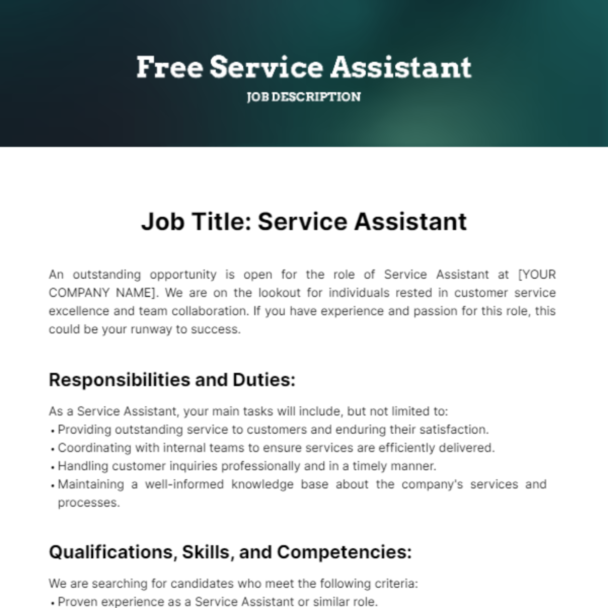 Service Assistant Job Description Template