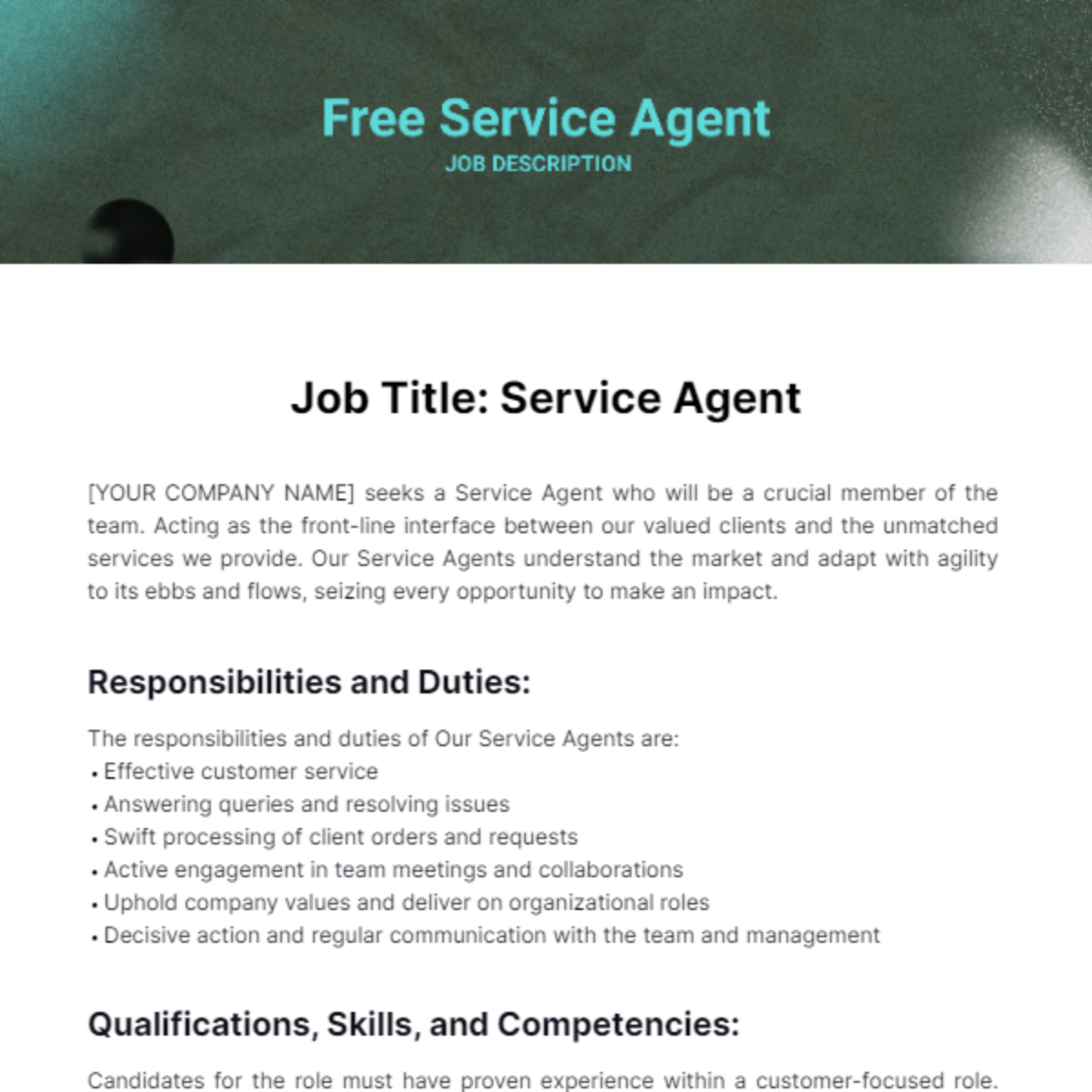 Service Agent Job Description Template