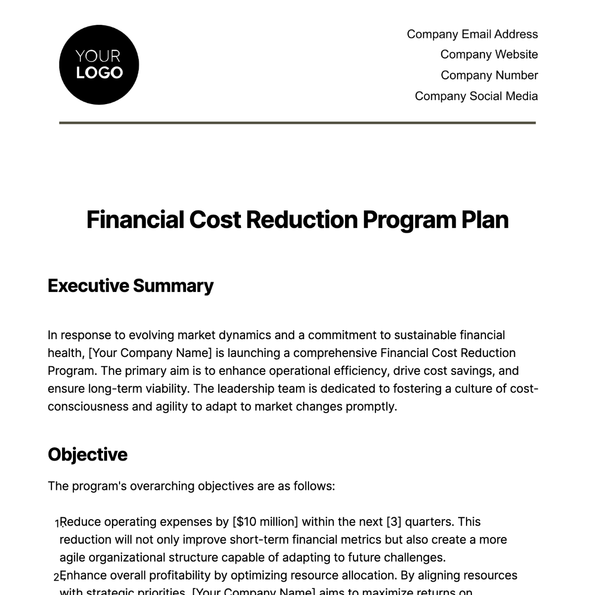 Financial Cost Reduction Program Plan Template - Edit Online