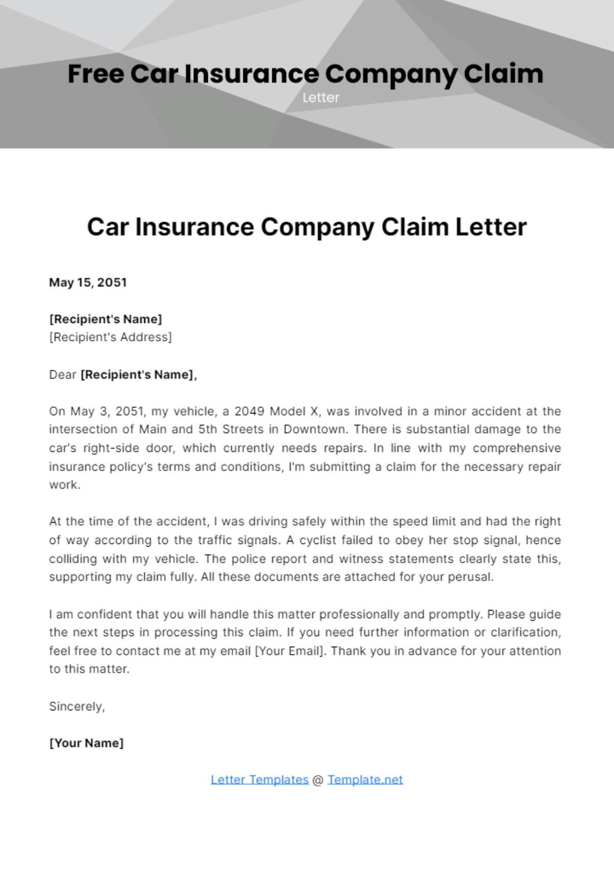 Free Car Insurance Company Claim Letter Template
