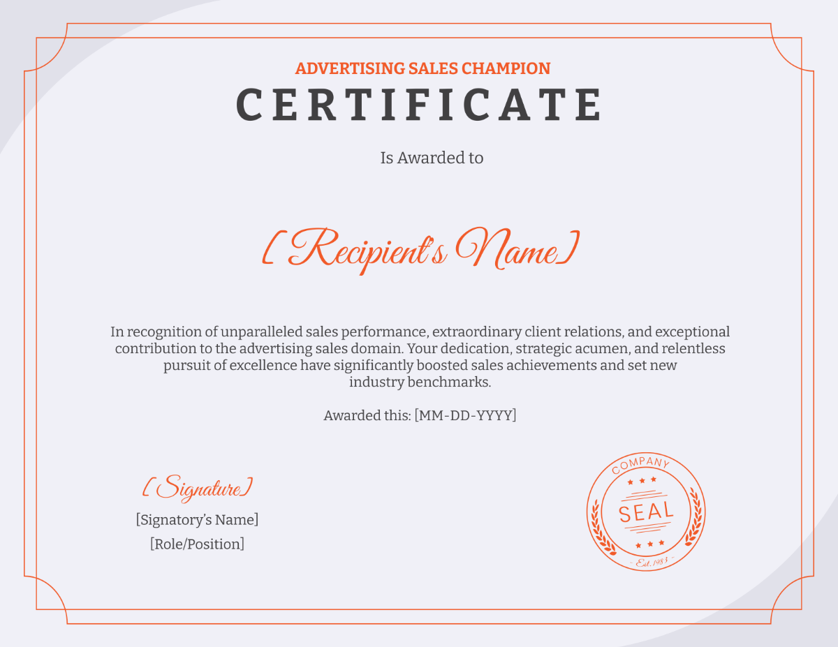 Advertising Sales Champion Certificate Template