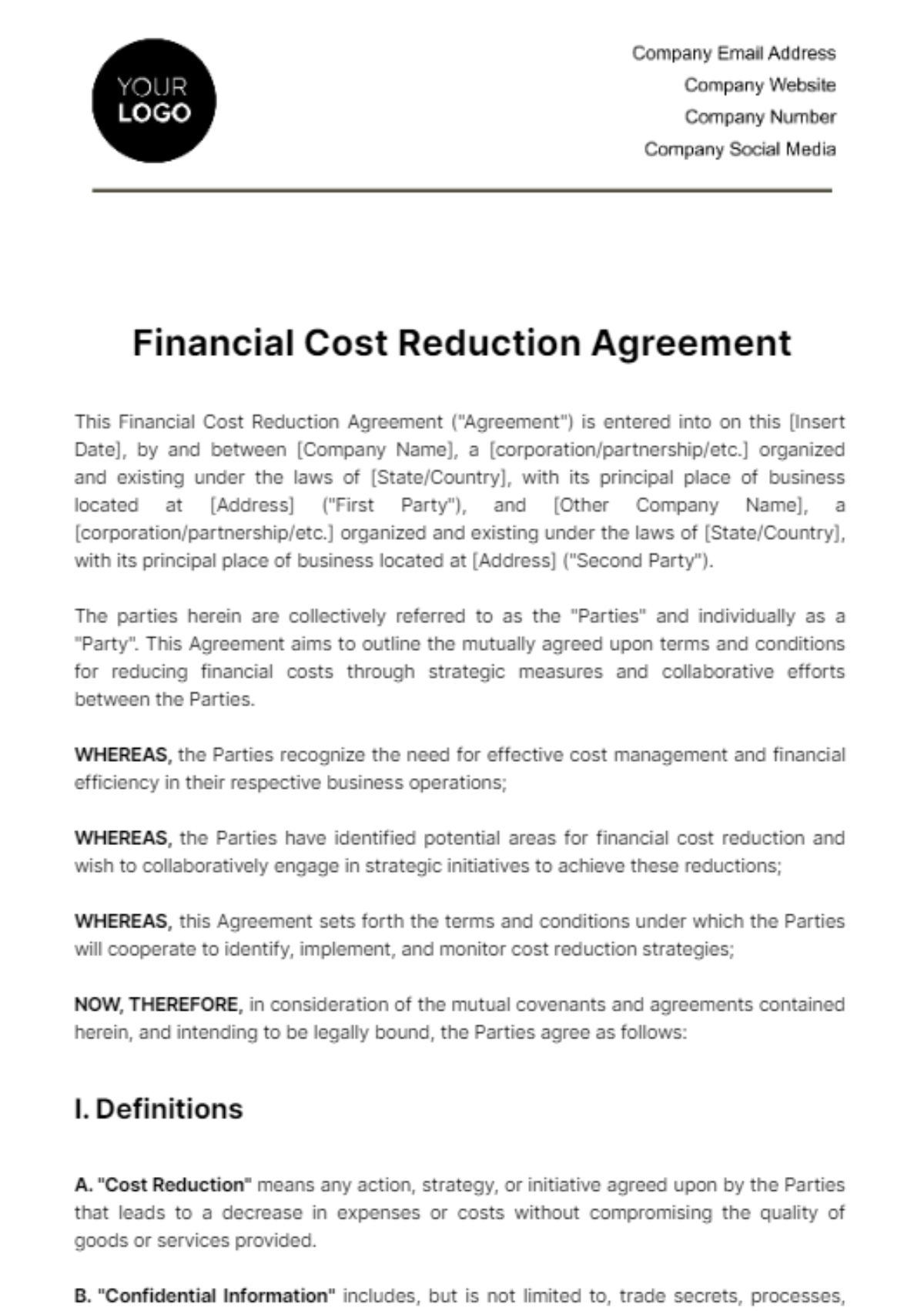 Financial Cost Reduction Agreement Template