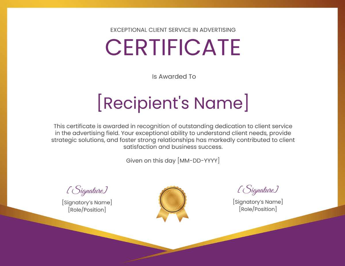 Exceptional Client Service in Advertising Certificate Template