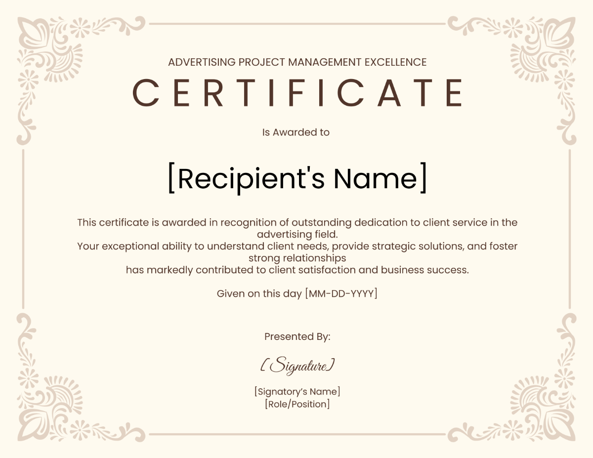 Advertising Project Management Excellence Certificate Template