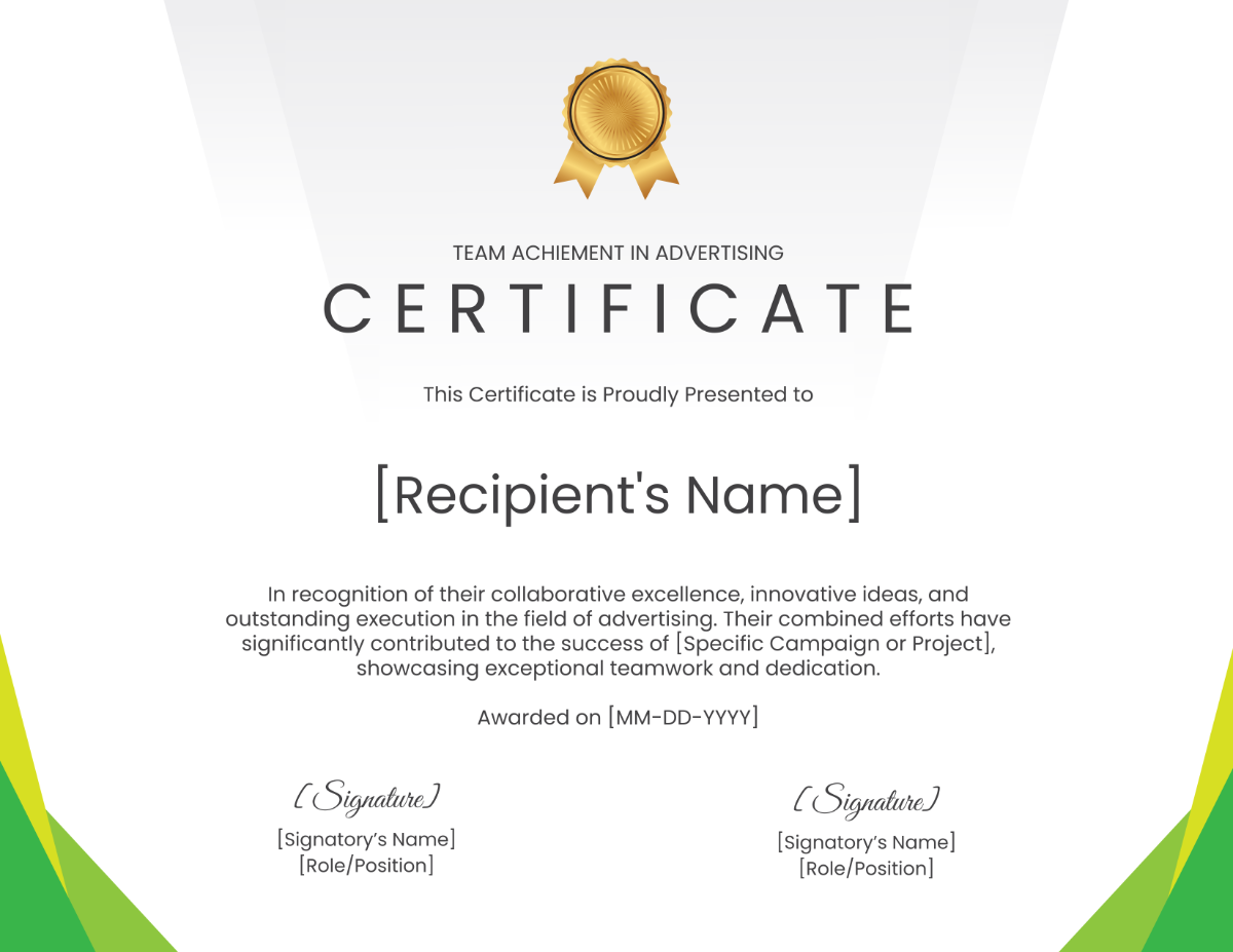 Team Achievement in Advertising Certificate Template