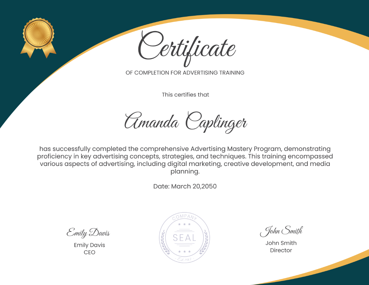 Certificate of Completion for Advertising Training