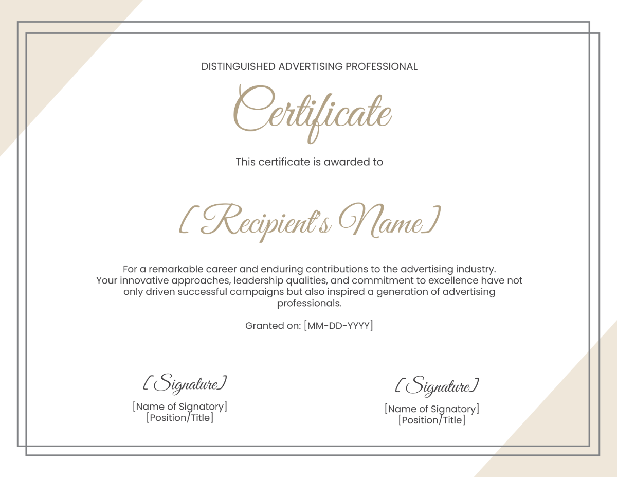 Distinguished Advertising Professional Certificate Template