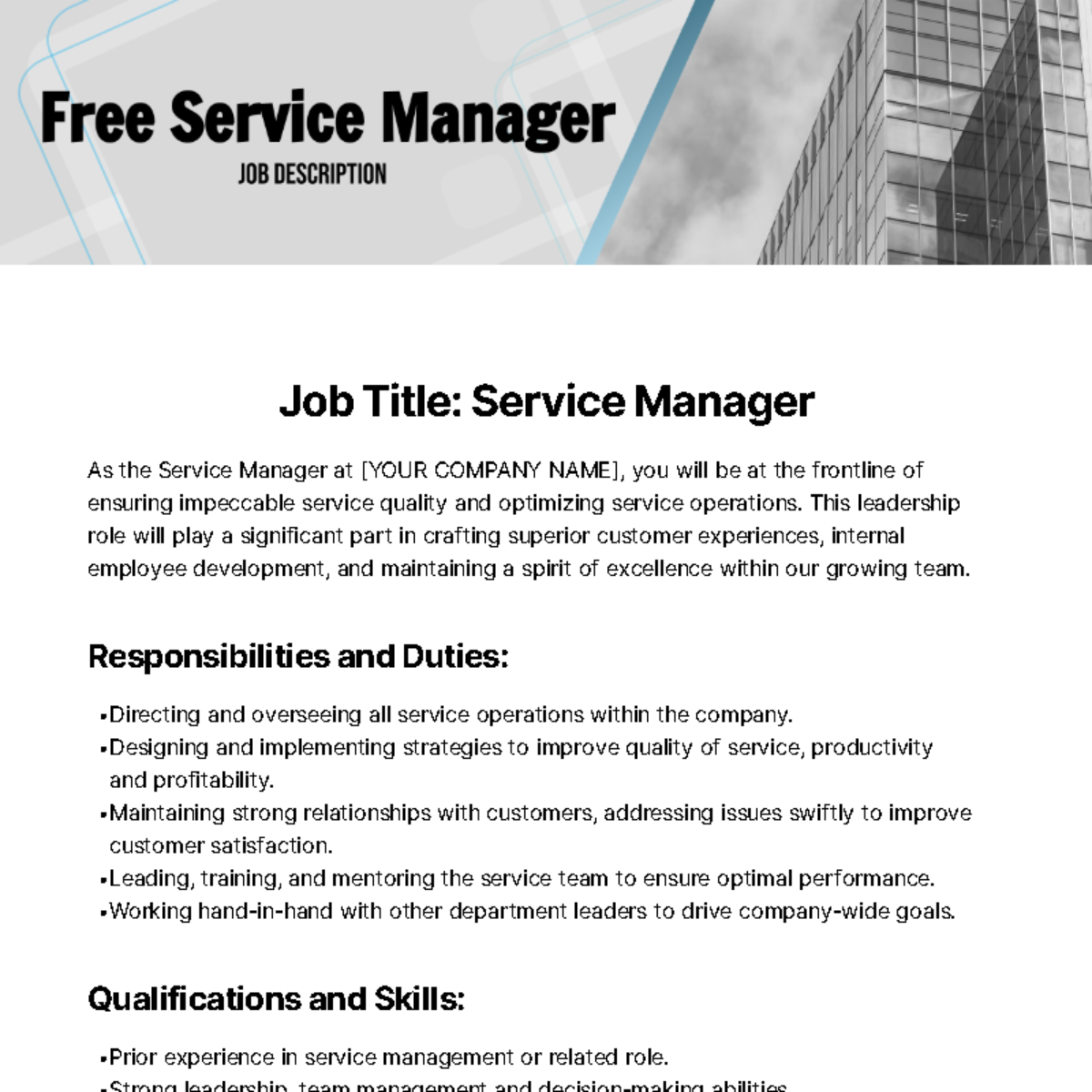 Service Manager Job Description Template