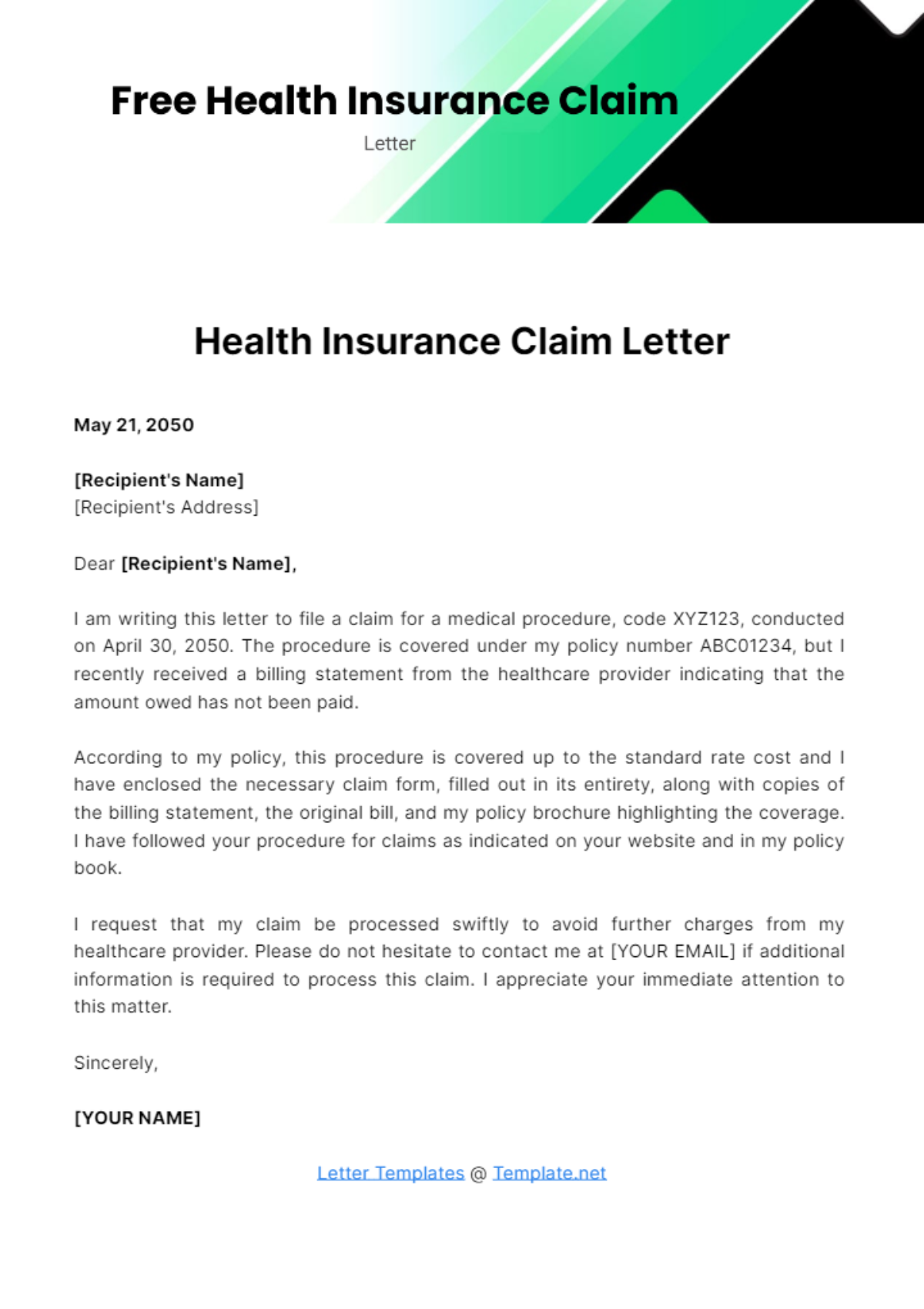 Free Health Insurance Claim Letter Template