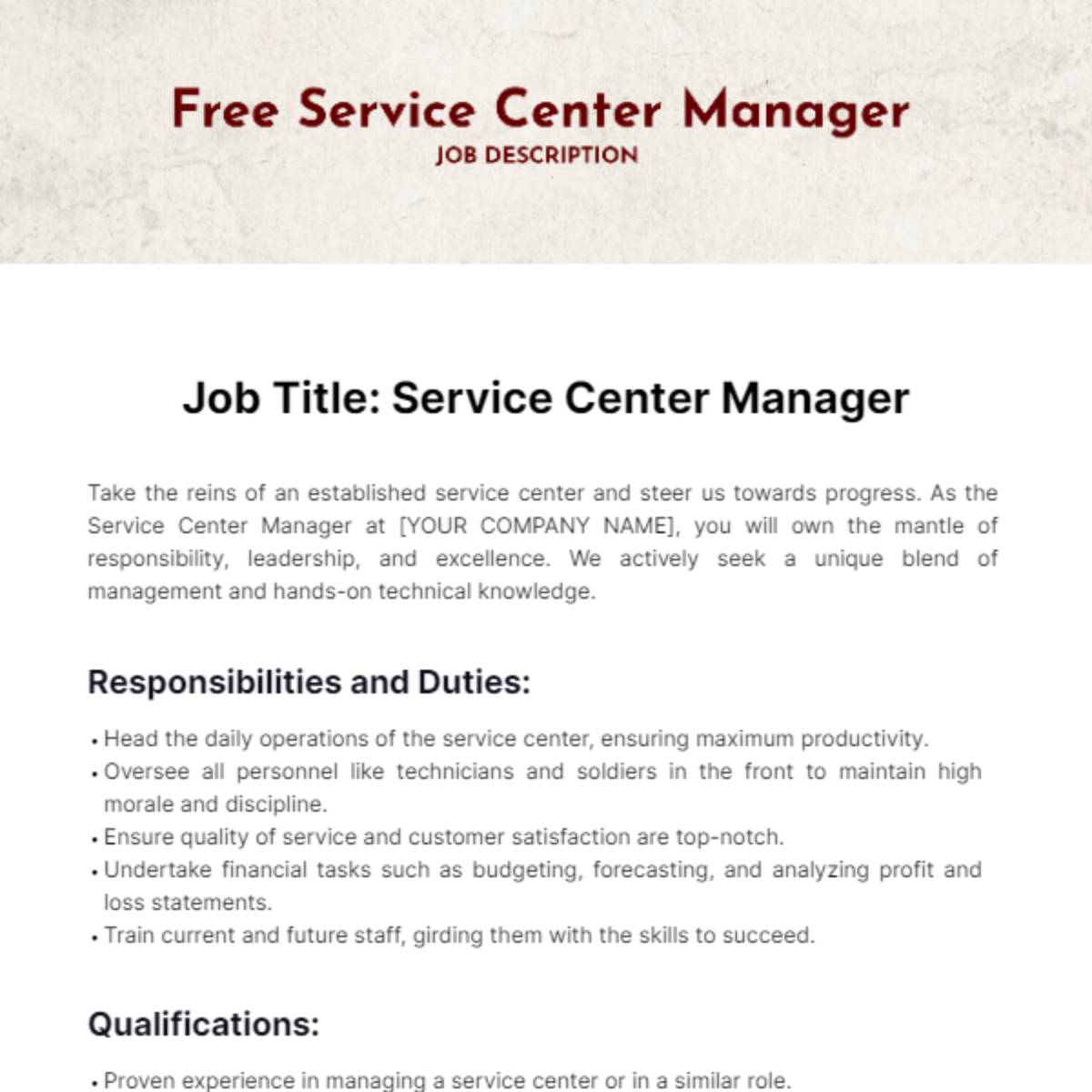 Service Center Manager Job Description Template