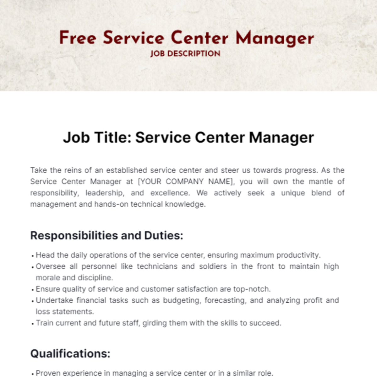 Service Center Manager Job Description Template Edit Online 