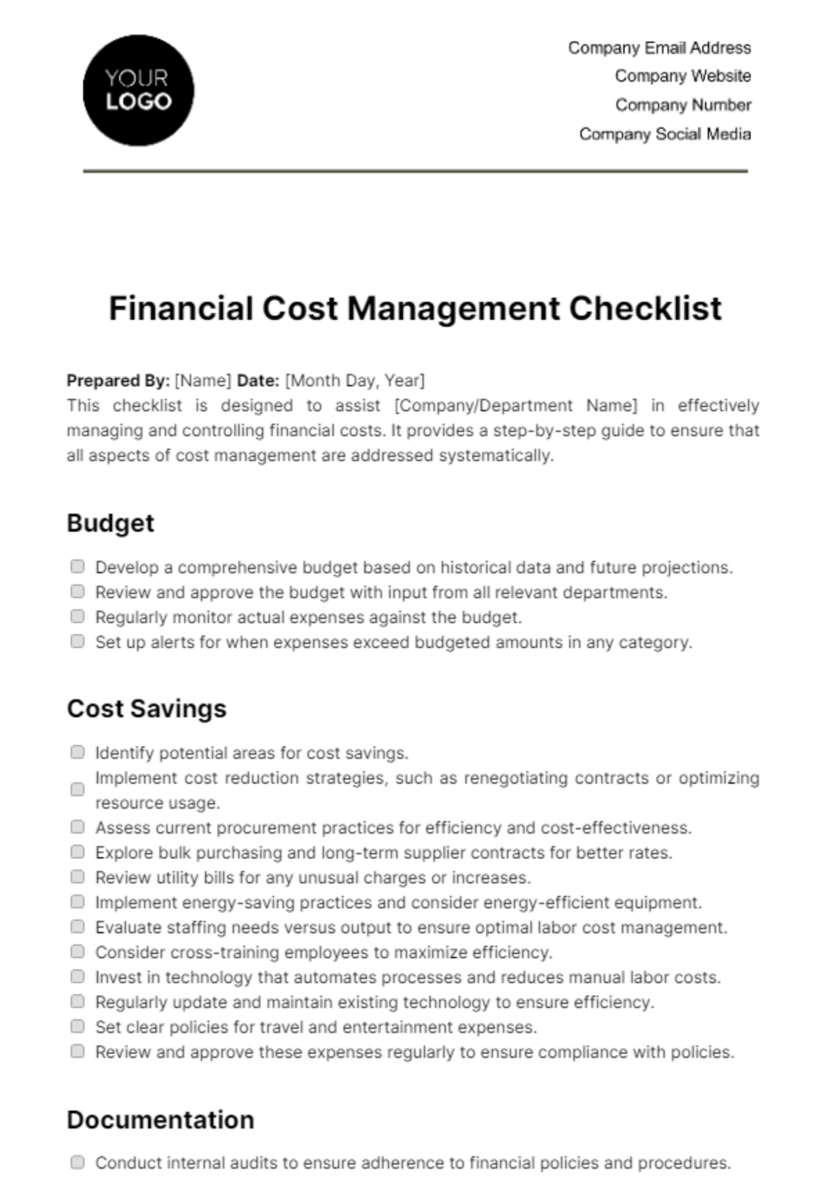 Financial Cost Management Checklist Template