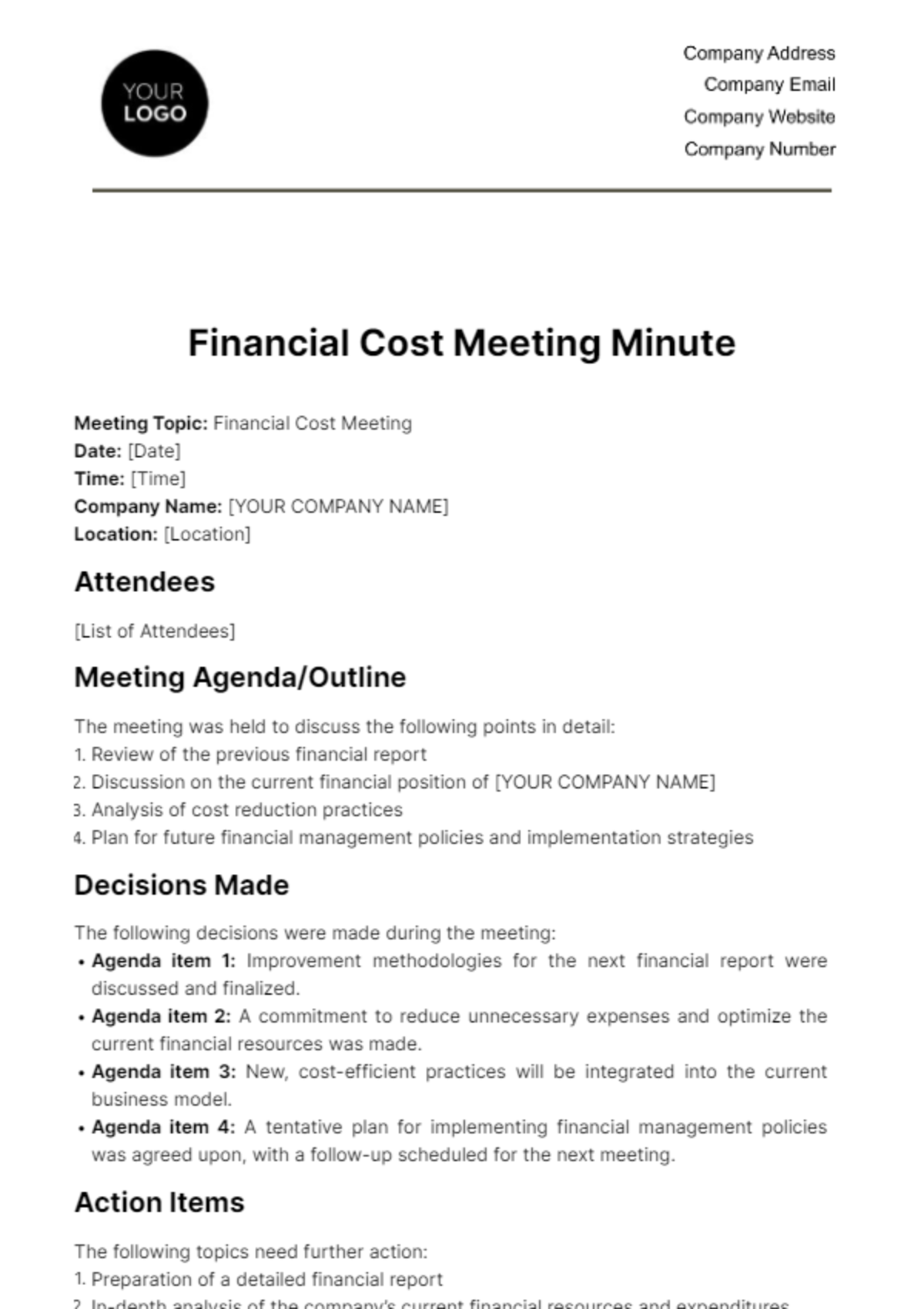 Financial Cost Meeting Minute Template