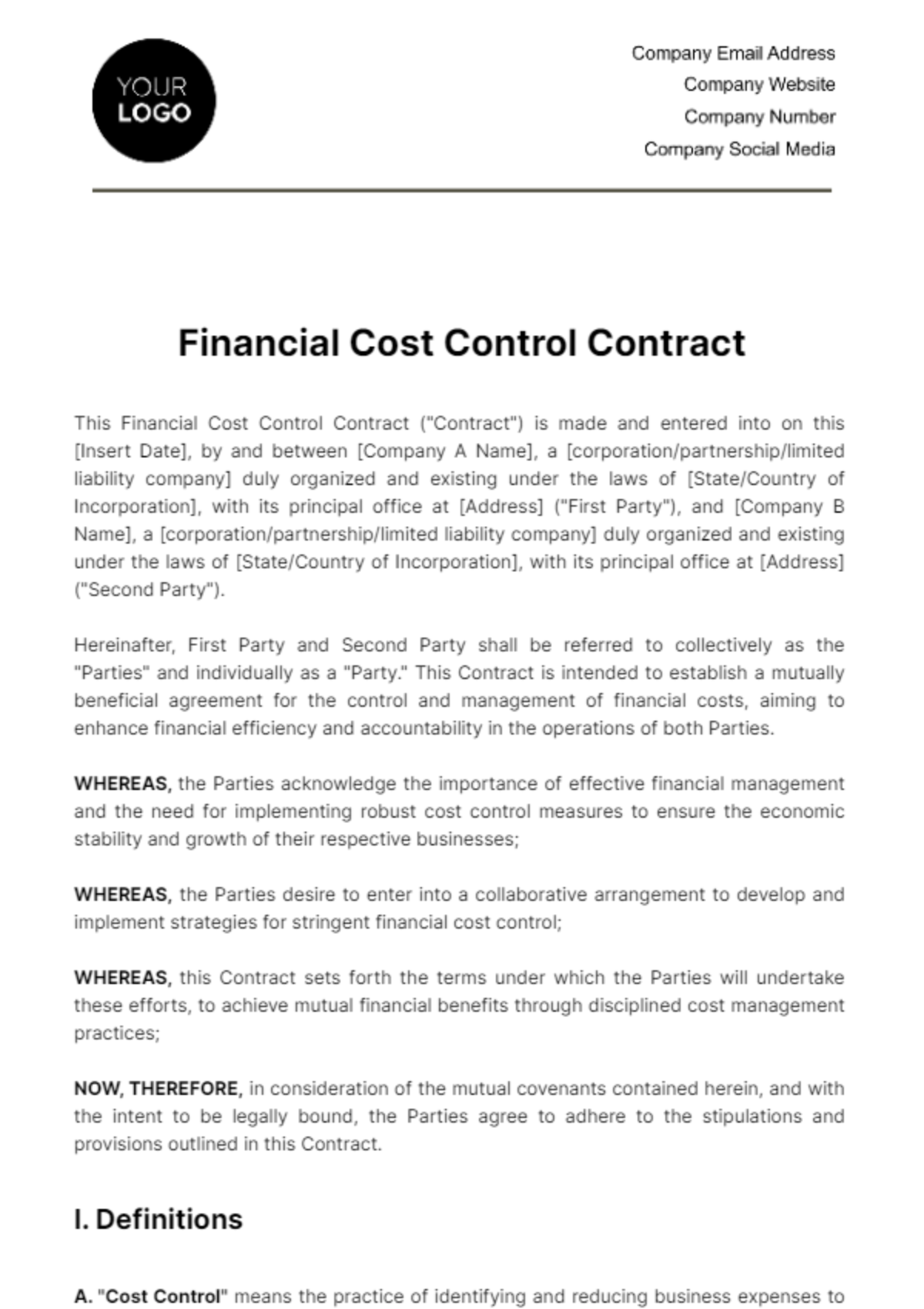 Financial Cost Control Contract Template
