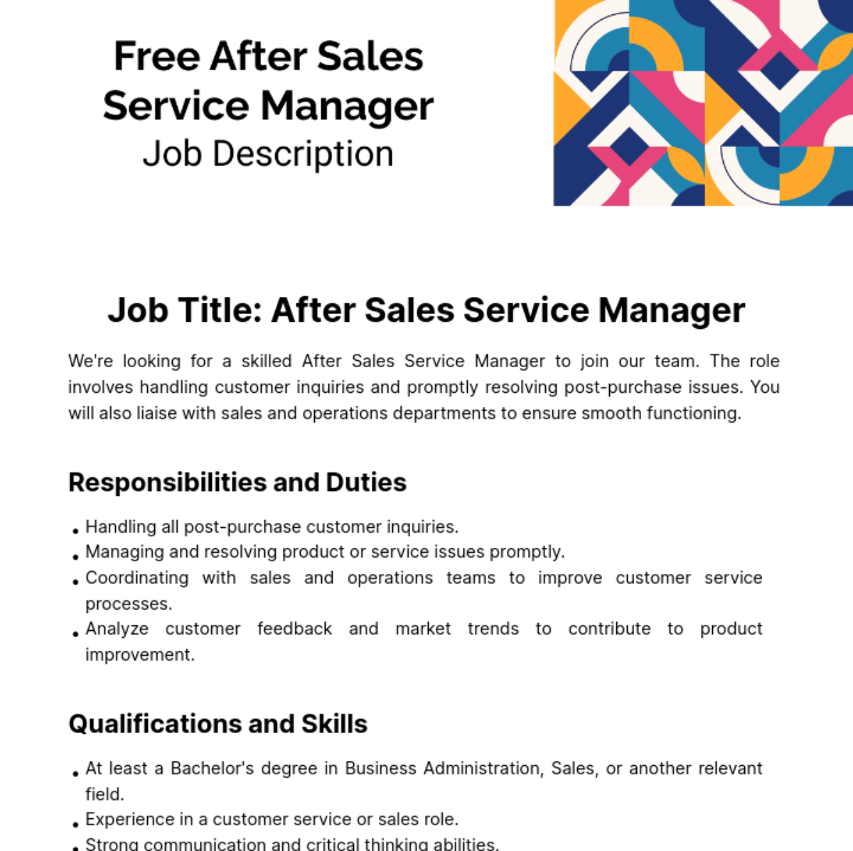 After Sales Service Manager Job Description Template
