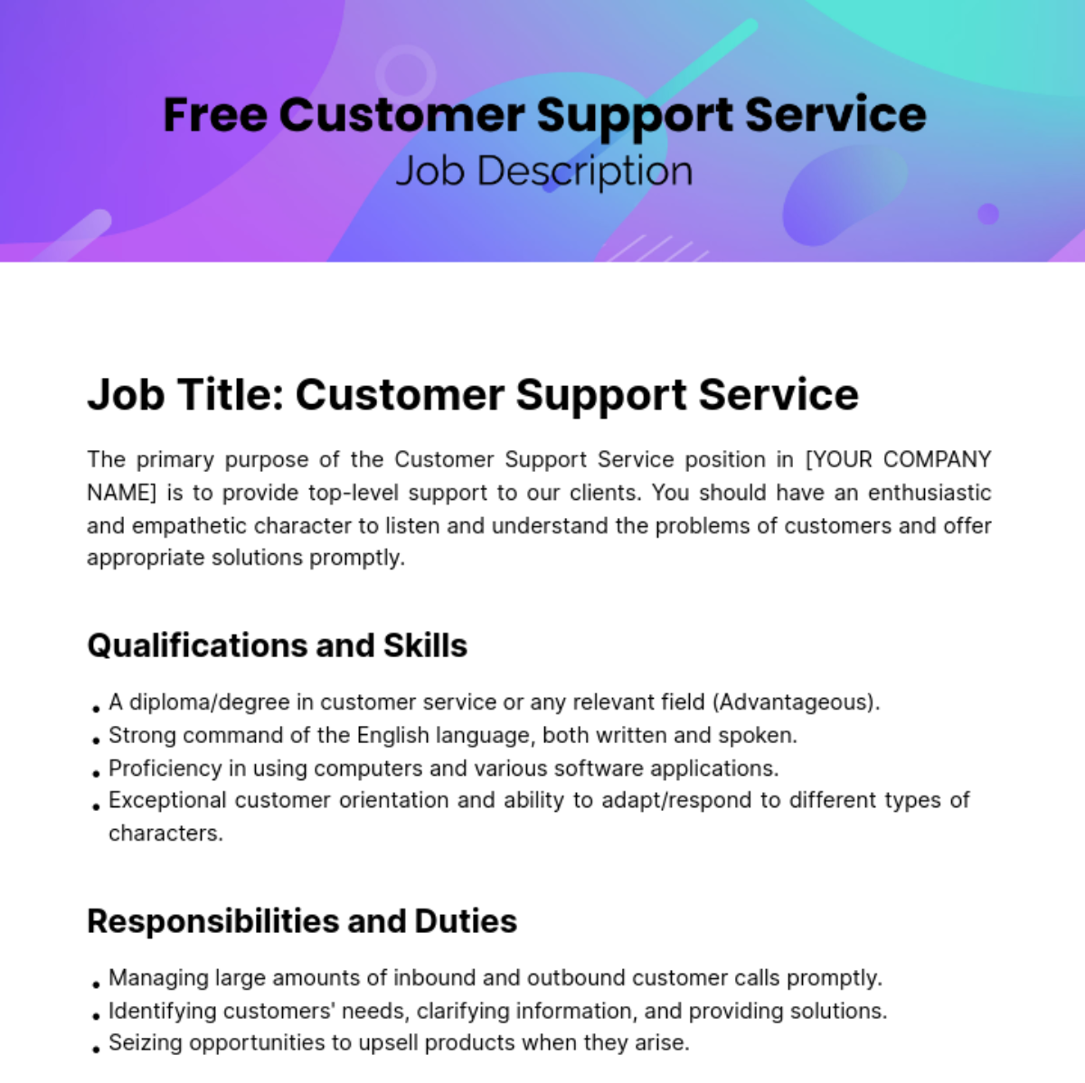 Customer Support Service Job Description Template
