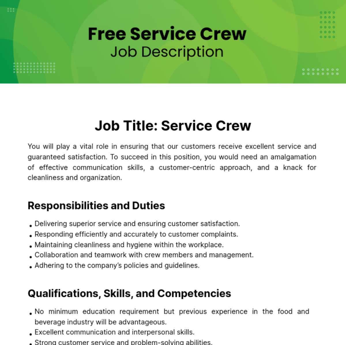 Service Crew Job Description Template