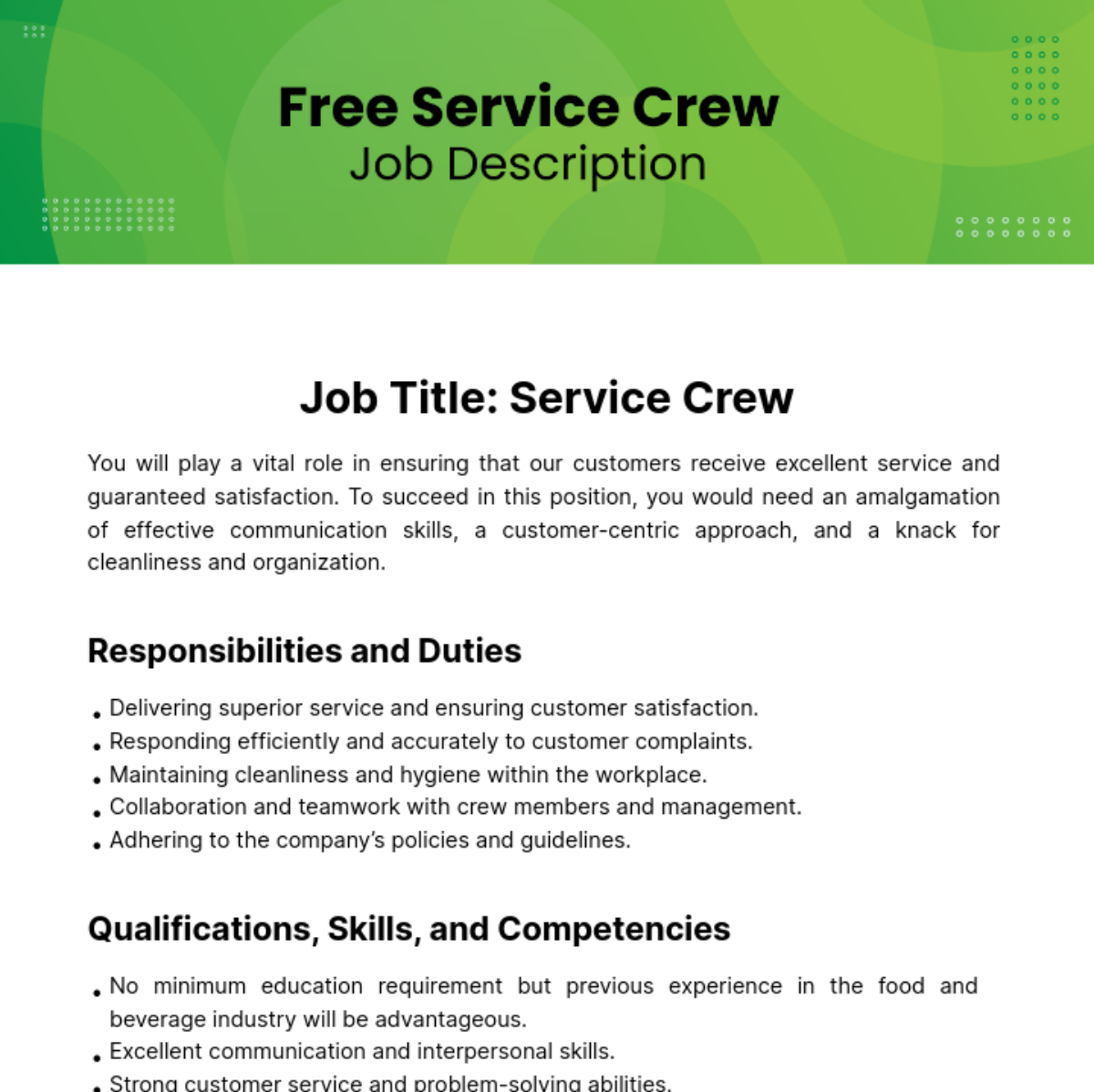 Service Crew Job Description Template Edit Online Download Example 