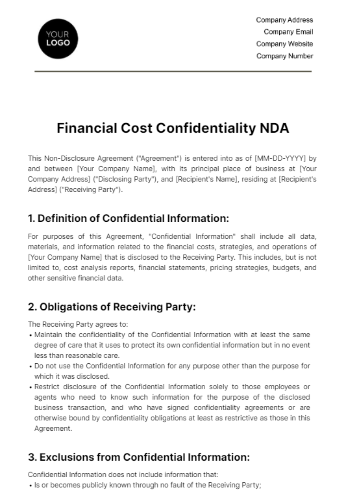 Free Financial Cost Confidentiality NDA Template