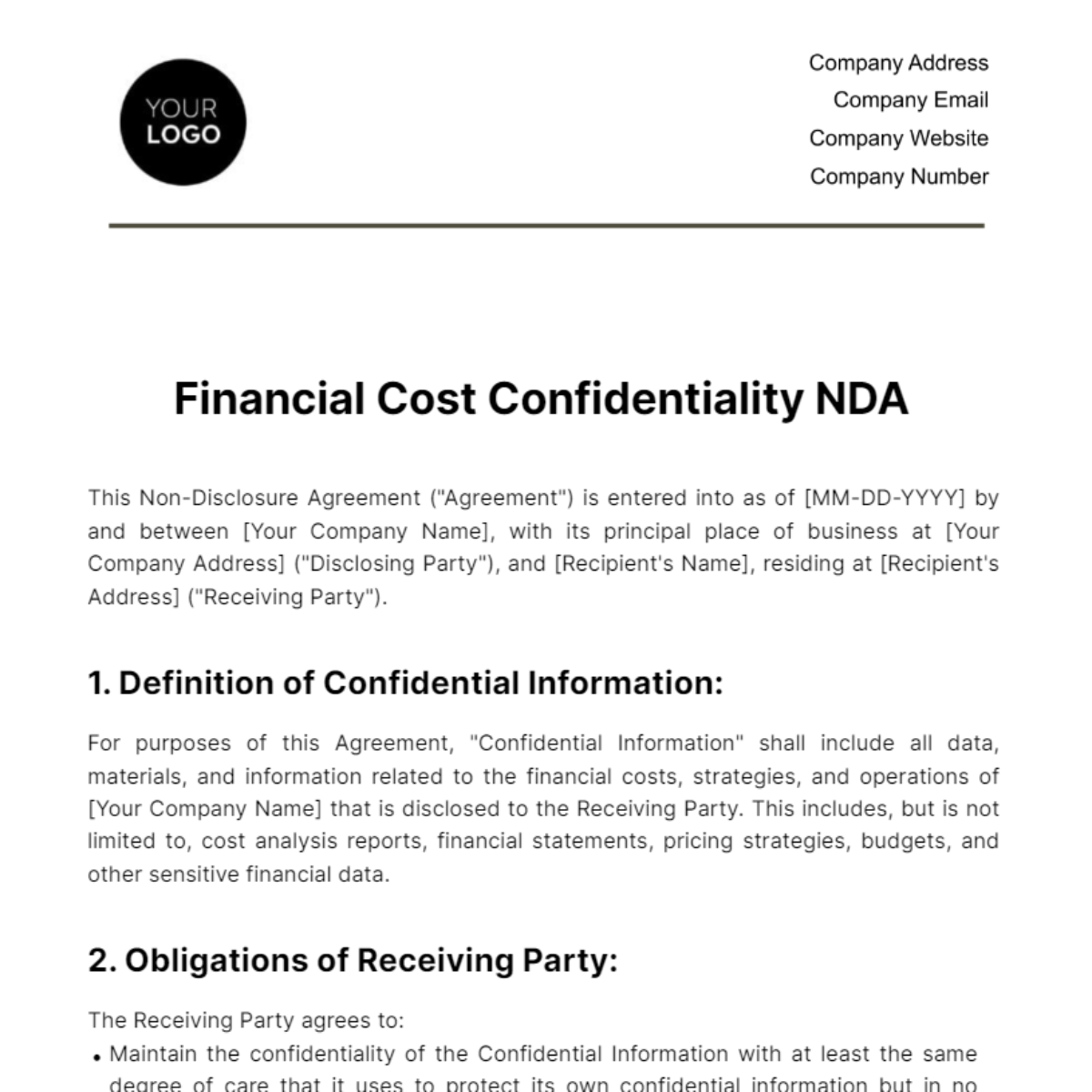 Financial Cost Confidentiality NDA Template